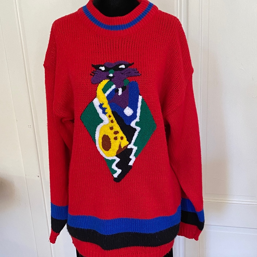 Vintage Bright Red Sweater with Felted Cat and Saxophone Design.
